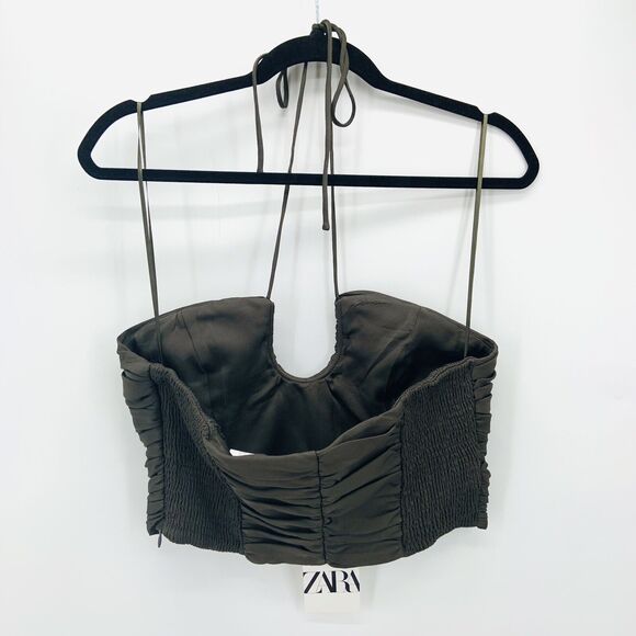 NEW Zara Satin Effect Draped Halter Top Womens M Crop Green Club Dance Date Glam - Picture 3 of 11